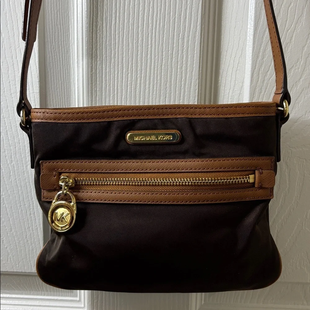 Michael Kors Two Tone Brown Crossbody Bag with Leather and Brass Accents Small